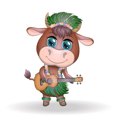Tatlı çizgi film boğası, güzel gözlü inek, Hawaii hula dansçısı karakterli gitar çalan yapraklar, çiçekler. Tropikal Yeni Yıl Çinli şirin boğa maskotu 2021