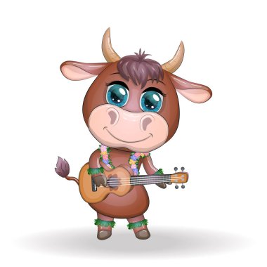 Tatlı çizgi film boğası, güzel gözlü inek, Hawaii hula dansçısı karakterli gitar çalan yapraklar, çiçekler. Tropikal Yeni Yıl Çinli şirin boğa maskotu 2021