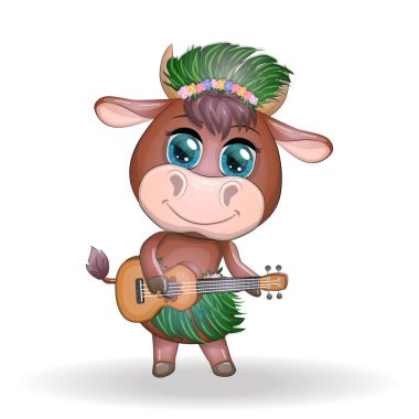 Tatlı çizgi film boğası, güzel gözlü inek, Hawaii hula dansçısı karakterli gitar çalan yapraklar, çiçekler. Tropikal Yeni Yıl Çinli şirin boğa maskotu 2021