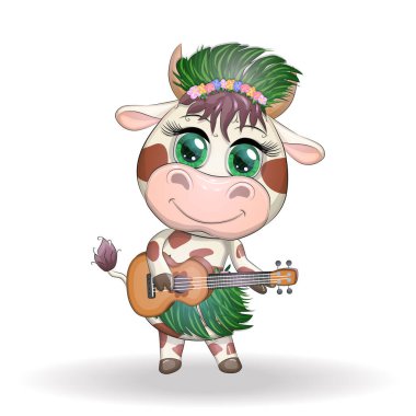 Tatlı çizgi film boğası, güzel gözlü inek, Hawaii hula dansçısı karakterli gitar çalan yapraklar, çiçekler. Tropikal Yeni Yıl Çinli şirin boğa maskotu 2021