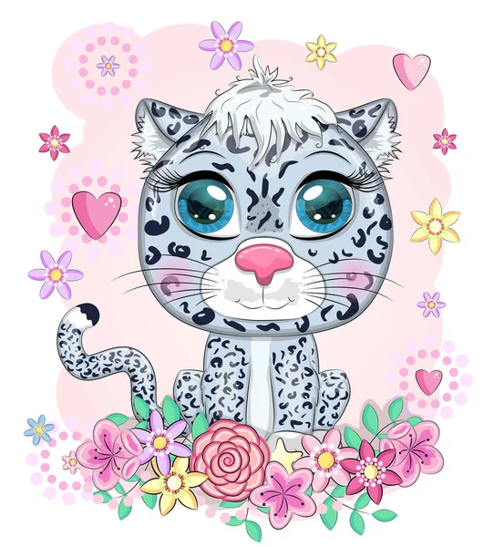 Kreslený Sněžný Leopard Výraznýma Očima Mezi Květinami Srdíčky Dekorativními Prvky — Stockový vektor