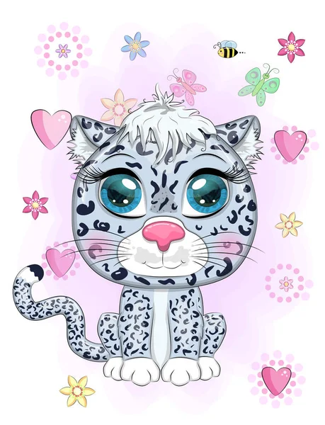 Leopardo Neve Desenhos Animados Com Olhos Expressivos Entre Flores Corações — Vetor de Stock