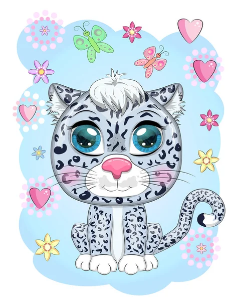 Leopardo Neve Desenhos Animados Com Olhos Expressivos Entre Flores Corações — Vetor de Stock