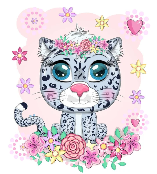 Kreslený Sněžný Leopard Výraznýma Očima Mezi Květinami Srdíčky Dekorativními Prvky — Stockový vektor