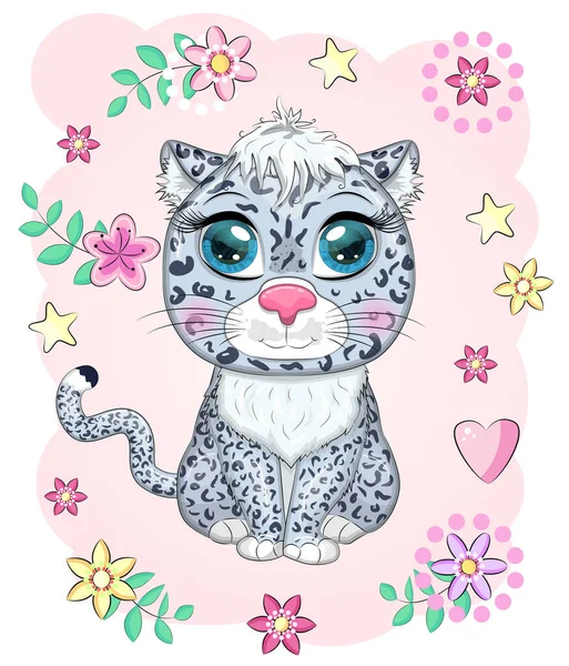 Leopardo Neve Desenhos Animados Com Olhos Expressivos Entre Flores Corações — Vetor de Stock