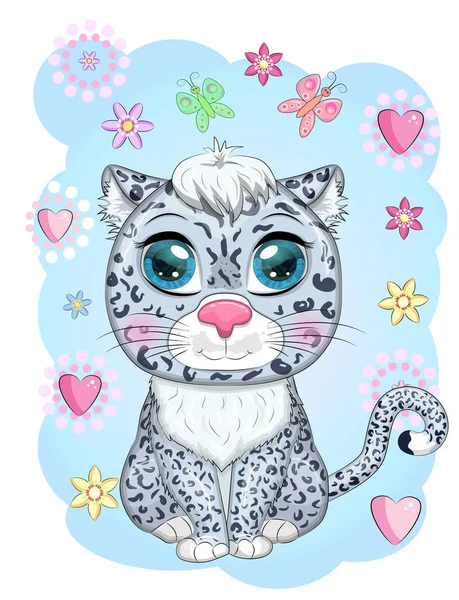 Leopardo Neve Desenhos Animados Com Olhos Expressivos Entre Flores Corações — Vetor de Stock