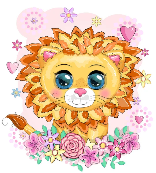 Κινούμενο Λιοντάρι Εκφραστικά Μάτια Άγρια Ζώα Χαρακτήρας Παιδικό Χαριτωμένο Στυλ — Διανυσματικό Αρχείο