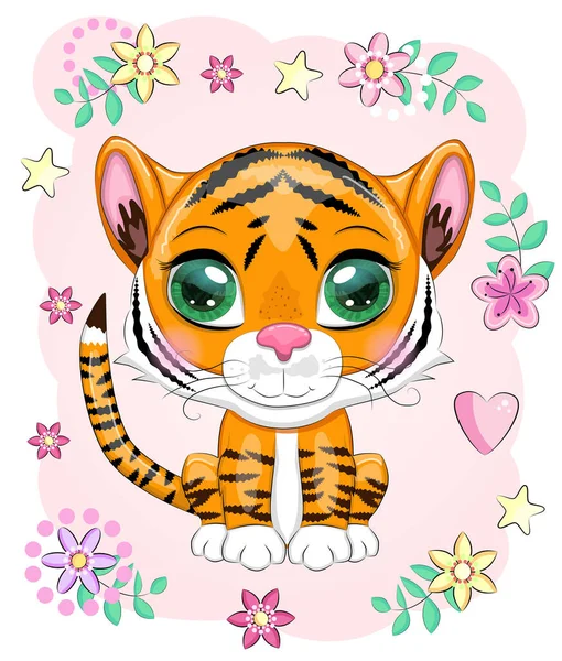 Милый Мультяшный Тигр Красивыми Глазами Яркий Оранжевый Среди Цветов Сердечки — стоковый вектор