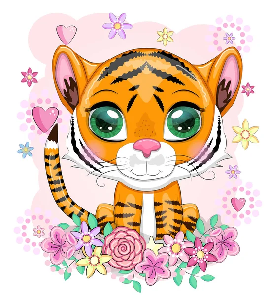 Söt Tecknad Tiger Med Vackra Ögon Ljusa Orange Bland Blommor — Stock vektor
