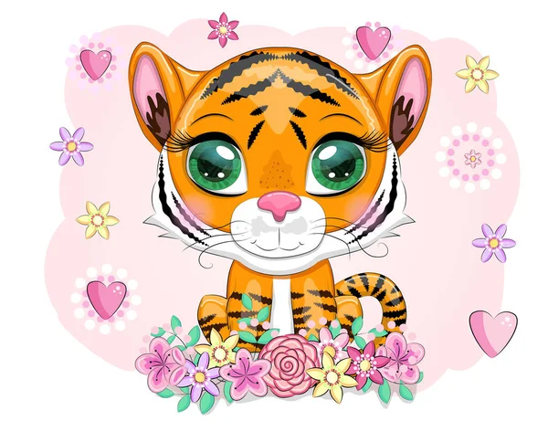 Cute Cartoon Tiger Beautiful Eyes Bright Orange Flowers Hearts Greeting — Stock Vector