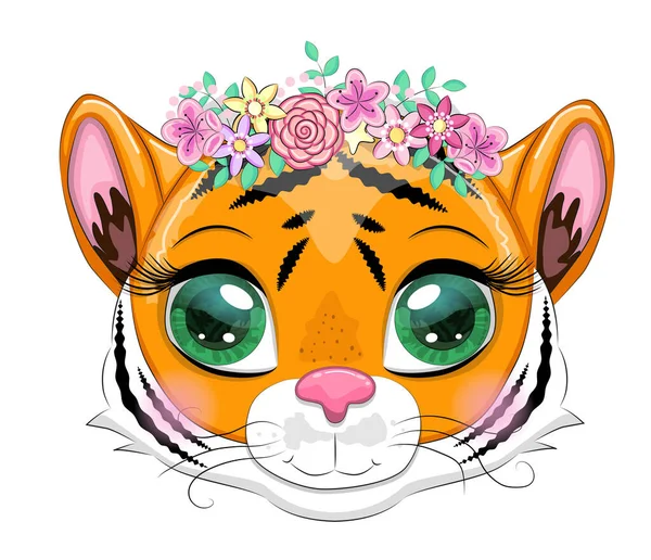 Cute Cartoon Tiger Beautiful Eyes Bright Orange Flowers Hearts Greeting — Stock Vector