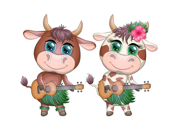 Mignon Taureau Dessin Animé Vache Aux Beaux Yeux Personnage Hawaïen — Image vectorielle