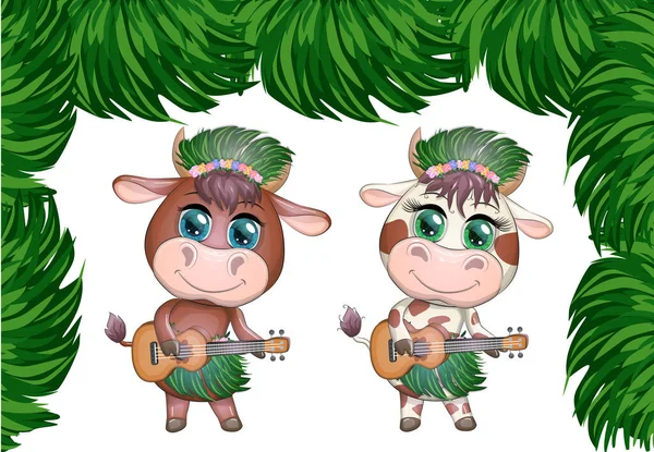 Mignon Taureau Dessin Animé Vache Aux Beaux Yeux Personnage Hawaïen — Image vectorielle