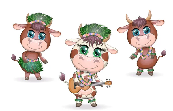 Nouvel Tropical 2021 Célébration Groupe Vaches Taureaux Comme Danseurs Hula — Image vectorielle