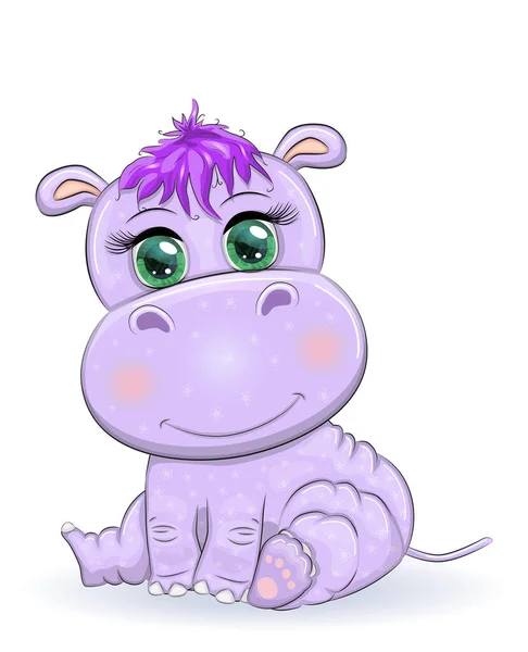 Desenho Animado Bonito Hipopótamo Com Belos Olhos Entre Flores Corações —  Vetores de Stock
