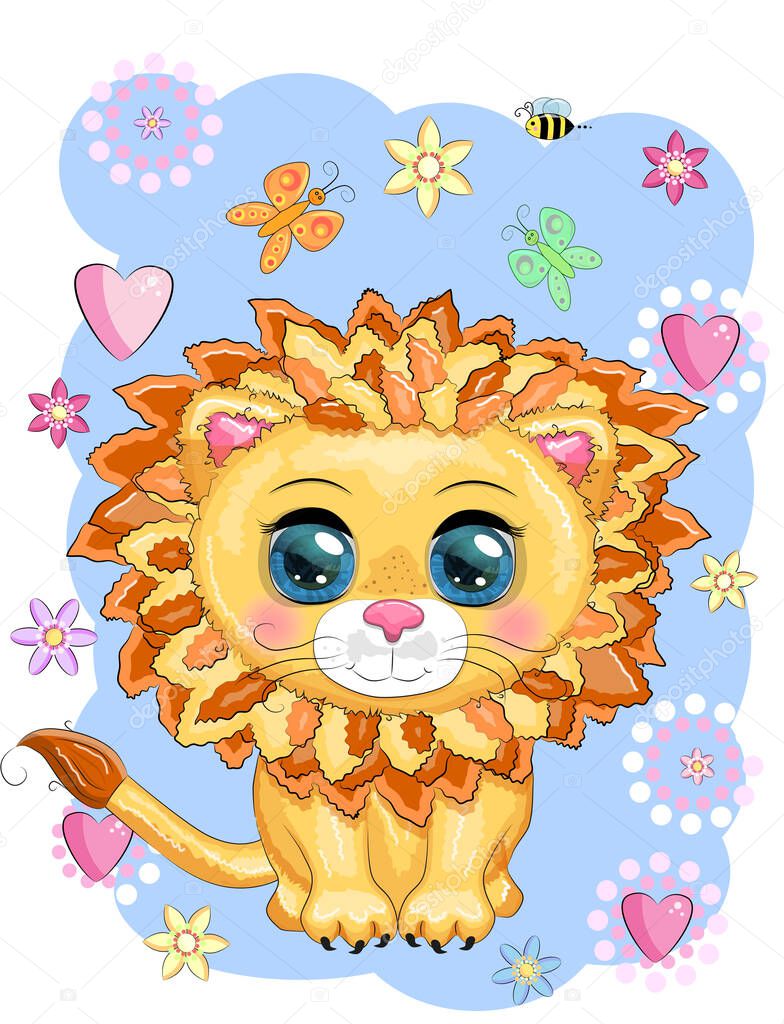 Cartoon lion with expressive eyes. Wild animals, character, childish cute style.