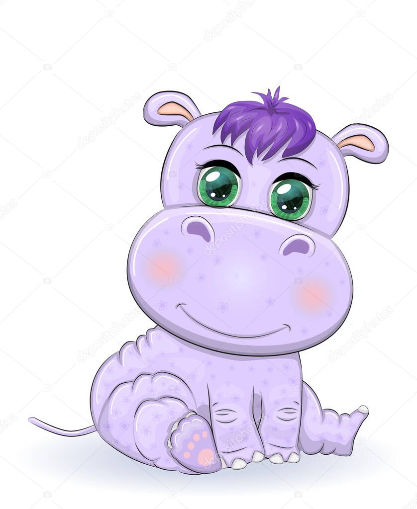 Cute hippo cartoon with beautiful eyes among flowers, hearts. print t-shirts, baby clothes fashion design, baby shower invitation card