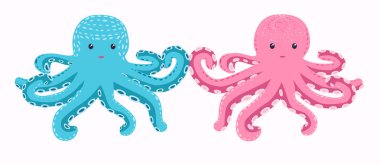 Mutlu Pembe Turkuaz Ahtapot Maskot Karakteri. Deniz sakinleri, İskandinav tarzı, el yapımı.