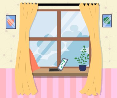 Pencere simgesinden karikatür tarzında bir sabah. Pencere pervazında dizüstü bilgisayar