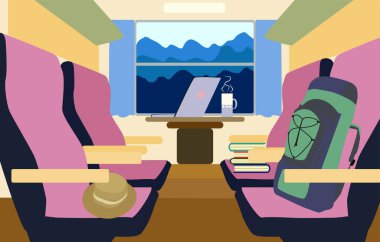 Renkli arka plan tren iç kısmı yolcu kompartımanı ve dışarıdaki manzara. seyahat kavramı