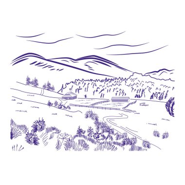 Ev ve çam ormanları ile el çizimi manzara. Çizgi çizimi.