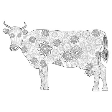 Süslerle süslenmiş, el çizimi bir inek kafası. Zentangle illüstrasyonu. Çiçek süsü.