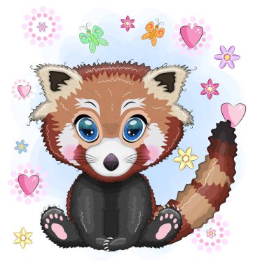 Kızıl panda, güzel gözlü sevimli bir karakter, parlak çocuksu bir tarz. Nadir hayvanlar, kırmızı kitap, kedi, ayı.