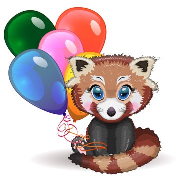 Kırmızı panda, balonlu sevimli karakter, tebrik kartı, parlak çocuksu tarz. Nadir hayvanlar, kırmızı kitap, kedi, ayı