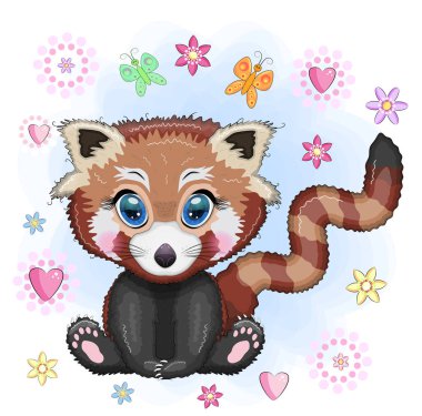 Kızıl panda, güzel gözlü sevimli bir karakter, parlak çocuksu bir tarz. Nadir hayvanlar, kırmızı kitap, kedi, ayı.