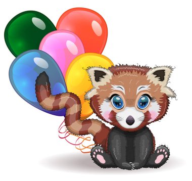 Kırmızı panda, balonlu sevimli karakter, tebrik kartı, parlak çocuksu tarz. Nadir hayvanlar, kırmızı kitap, kedi, ayı