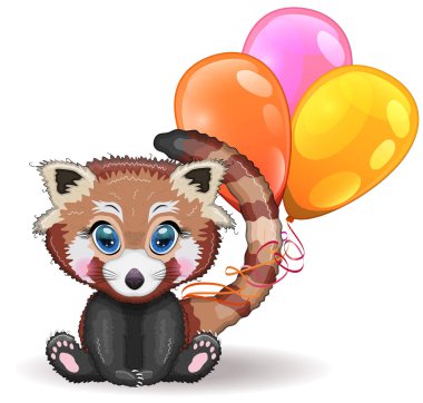 Kırmızı panda, balonlu sevimli karakter, tebrik kartı, parlak çocuksu tarz. Nadir hayvanlar, kırmızı kitap, kedi, ayı