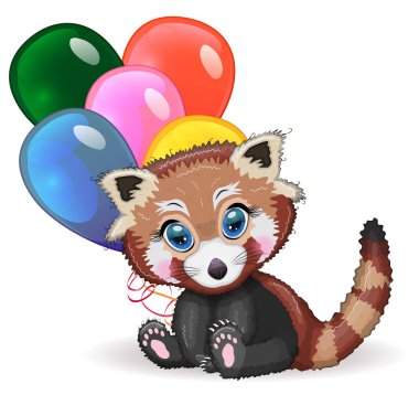 Kırmızı panda, balonlu sevimli karakter, tebrik kartı, parlak çocuksu tarz. Nadir hayvanlar, kırmızı kitap, kedi, ayı