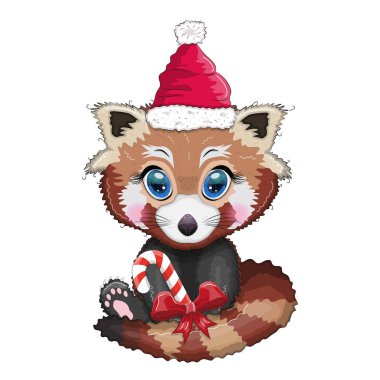 Noel Baba şapkalı kırmızı panda, sevimli karakter, yeni yıl ve Noel tebrik kartı, nadir hayvanlar.