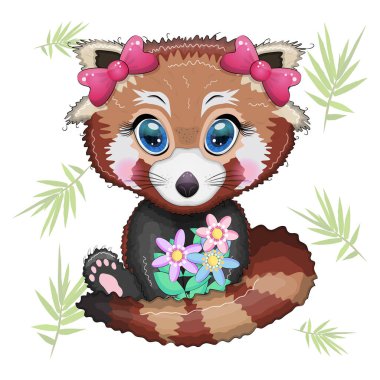 Fiyonklu ve buketli kırmızı panda kız, tatil konsepti, anneler günü kartı.