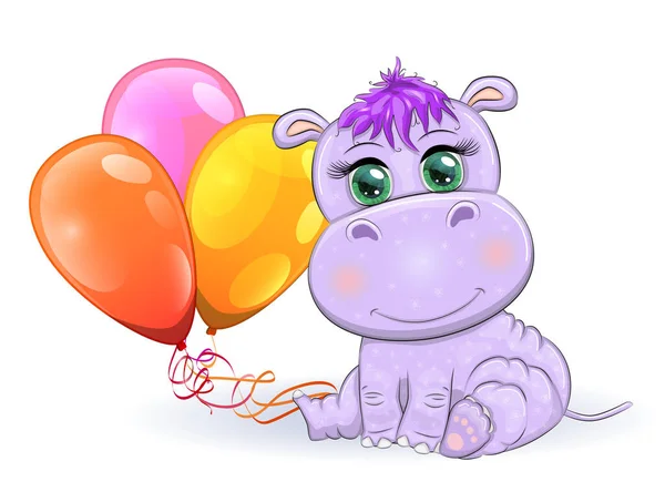 Bonito Desenho Animado Hipopótamo Com Belos Olhos Com Balões Menino —  Vetores de Stock