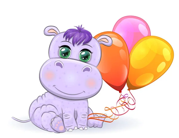 Cute Cartoon Hippo Beautiful Eyes Balloons Boy Girl Greeting Card — Stock Vector