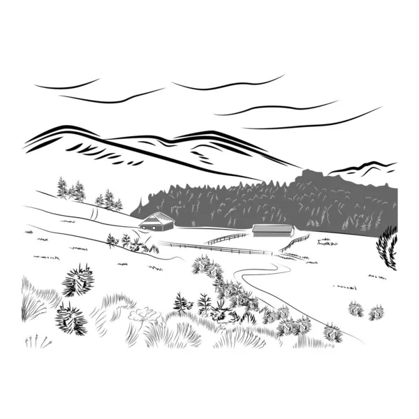 Ručně Kreslená Krajina Silnicí Domu Borovým Lesem Návrh Čar Náčrtků — Stockový vektor