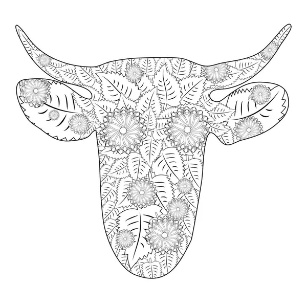 Mão Desenhado Doodle Esboço Cabeça Vaca Decorada Com Ornamentos Zentangle — Vetor de Stock