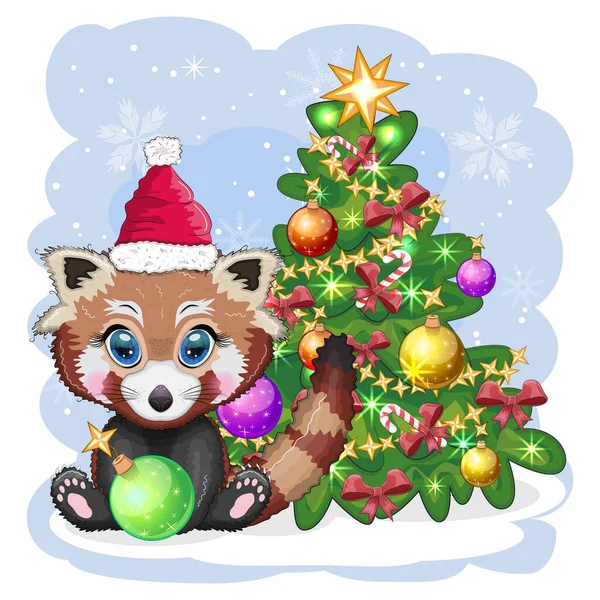 Panda Rojo Sombrero Santa Con Una Bola Cerca Del Árbol — Vector de stock