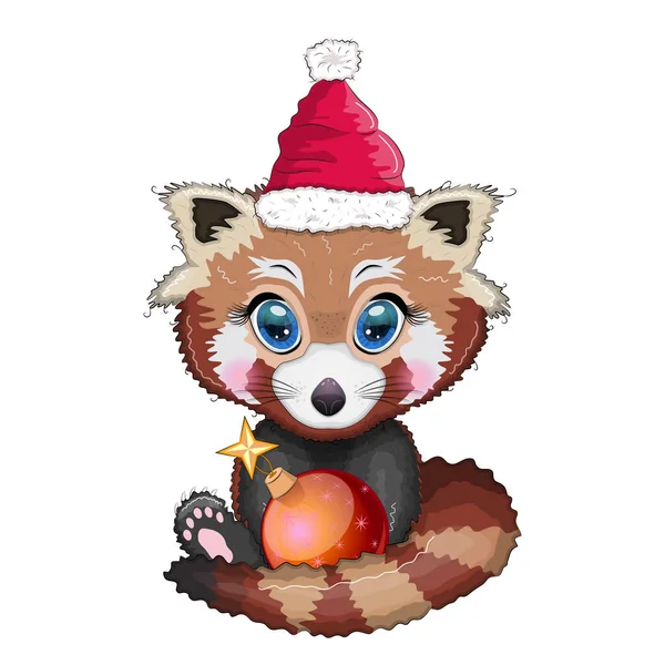 Panda Rouge Chapeau Père Noël Avec Boule Sapin Noël Personnage — Image vectorielle