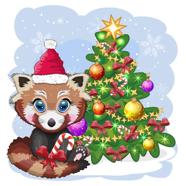 Panda Rouge Dans Chapeau Père Noël Avec Bonbons Kane Près — Image vectorielle