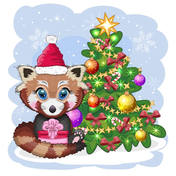 Red Panda Santa Hat Gift Christmas Tree Cute Character Christmas — Stock Vector