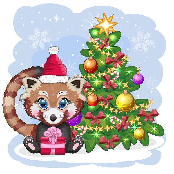 Panda Rojo Sombrero Santa Con Regalo Cerca Del Árbol Navidad — Vector de stock