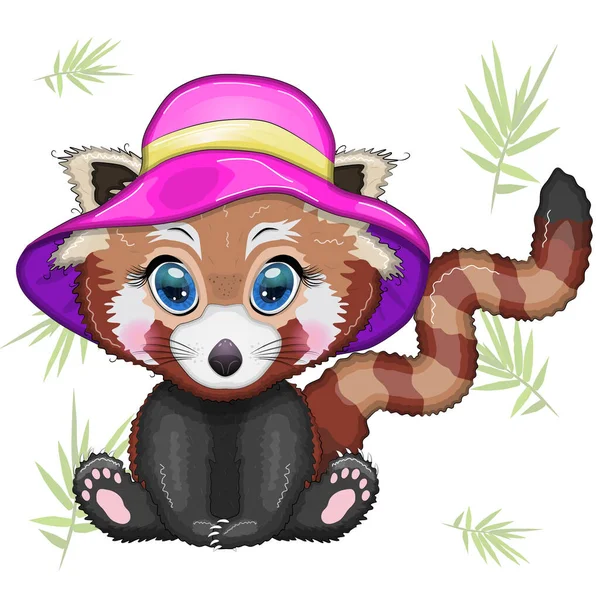 Red Panda Girl Pink Summer Hat Vacation Concept — Stock Vector