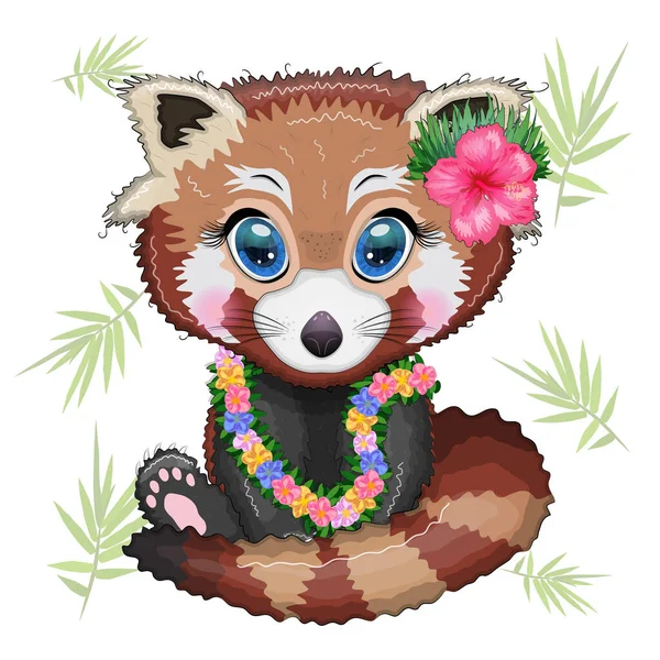 Red Panda Hawaiian Hula Dancer Outfit Vacation Summer Concept — Stock Vector