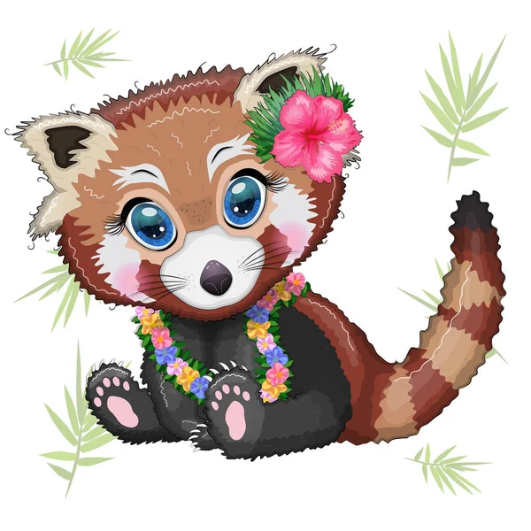 Red Panda Hawaiian Hula Dancer Outfit Vacation Summer Concept — Stock Vector