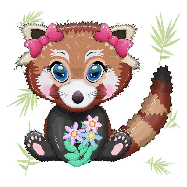 Red Panda Girl Bows Bouquet Holiday Concept Mother Day Card — Stock Vector