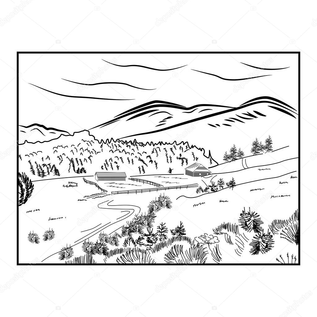 Hand drawn landscape with road to house and pine forest. Sketch line design.