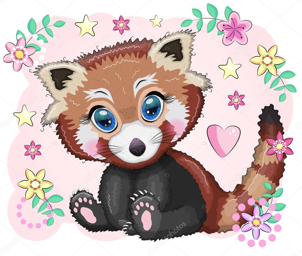Red panda, cute character with beautiful eyes, bright childish style. Rare animals, red book, cat, bear.