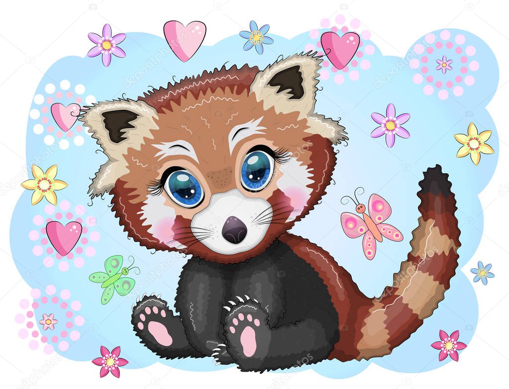 Red panda, cute character with beautiful eyes, bright childish style. Rare animals, red book, cat, bear.